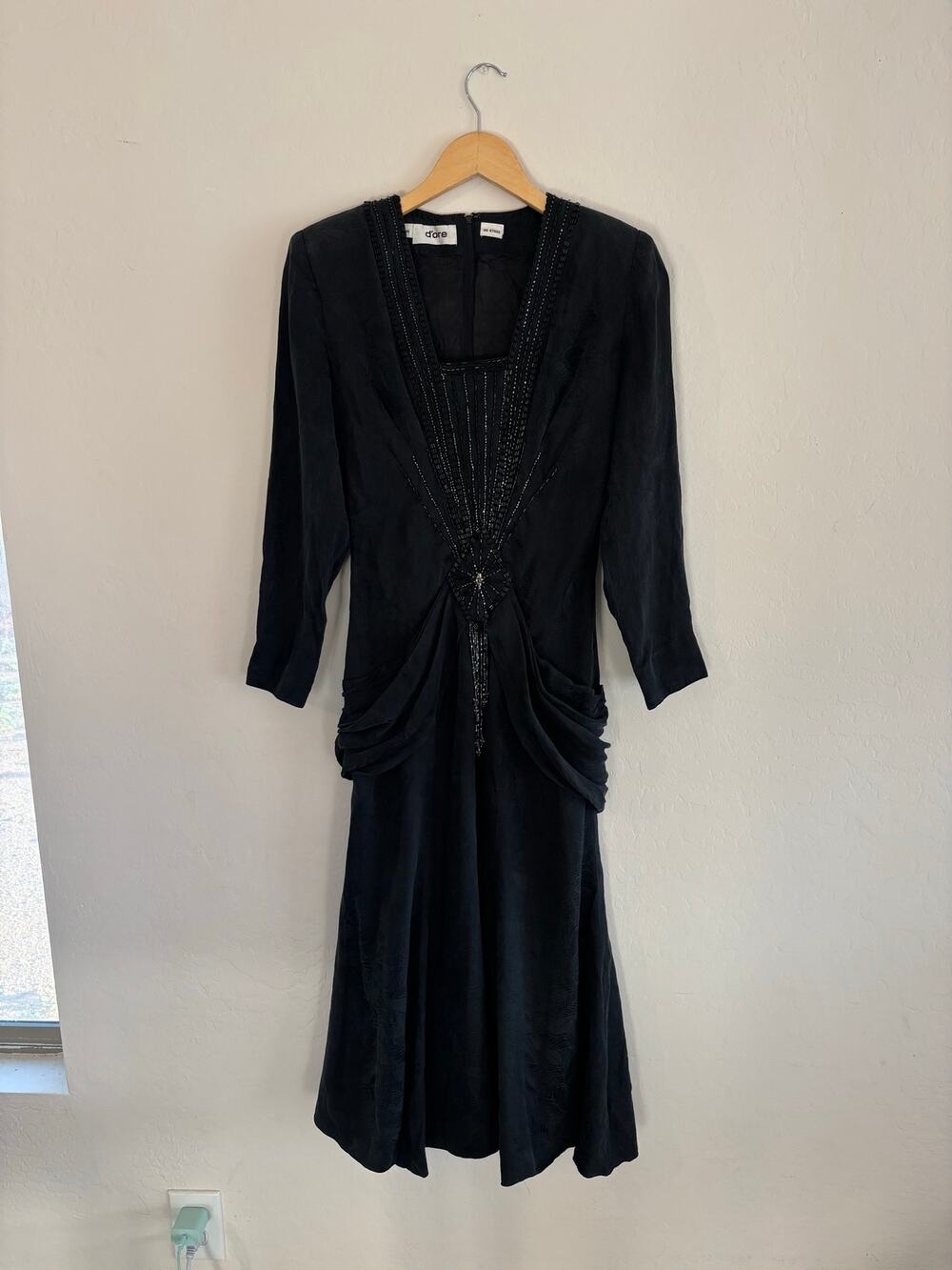 Vintage 1980s D'Ore Art Deco Black Beaded Silk Evening Dress Size 6 Whimsygoth